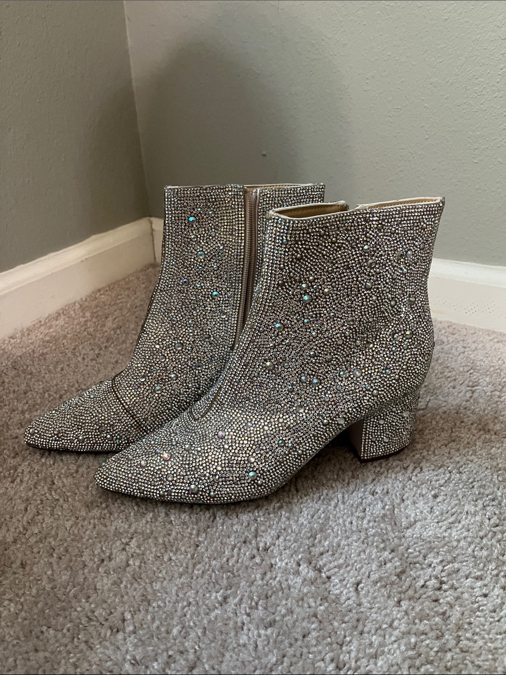 Betsey Johnson Women's Kyla Silver Glass Stone Sparkle Ankle Boots, Size 7